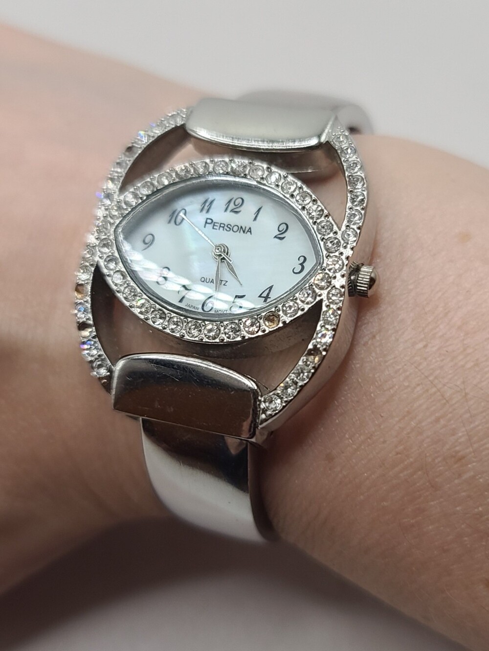 Persona Rhinestone Silver Tone Cuff Bracelet Watch